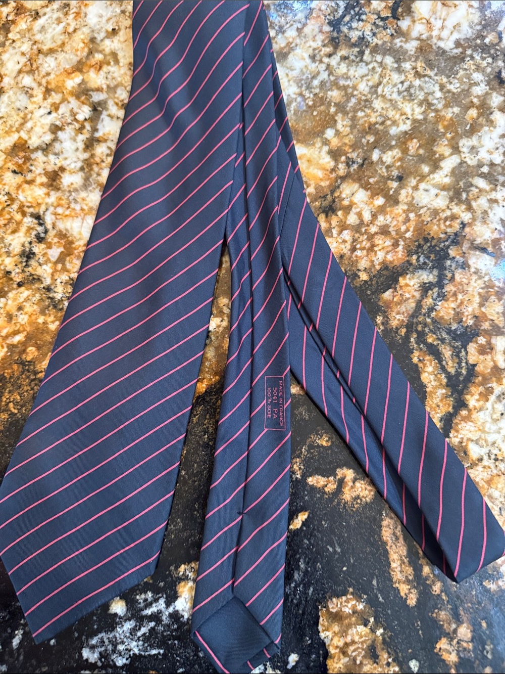 Hermes Navy Tie with Cranberry Diagonal Pinstripes